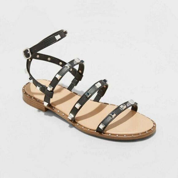 A New Day Sandals Astrid Studded Strappy Gladiator Black Womens - Picture 1 of 4